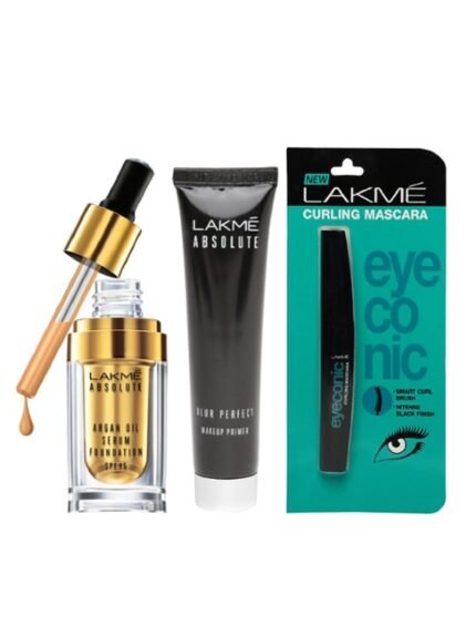 About this item Lakme Eyeconic Curling Mascara Lakme Absolute Blur Perfect Makeup Primer Lakme Absolute Argan Oil Serum Foundation with SPF 45
